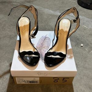 Jessica Simpson Black Patent Wavy Strap Heels